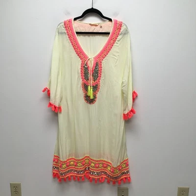 Soft Surroundings 女式黄色多亮片刺绣卡夫坦海滩覆盖 L — 第 1/4 张图片