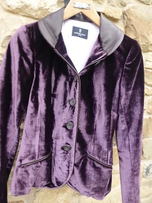 Katherine Hooker Plum Silk Velvet Jacket, Brown Leather Collar & Trim Sz UK 10 - Image 1 of 4