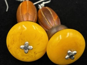 Natural Baltic Amber Butterscotch Egg Yolk Wooden Accent Earrings - Picture 1 of 14