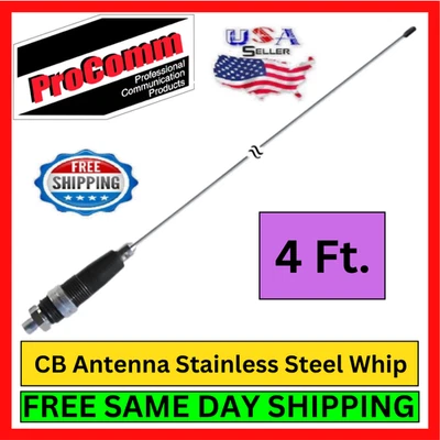 ProComm JBC4800-48 48" SS Whip 4' CB Antenna 3/8-24 Ferrule Ring Tunable Base - Image 1 of 4