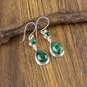 Pendientes artesanales de compromiso de plata de ley 925 con piedras preciosas de malaquita chakra corazón - Imagen 1 de 6