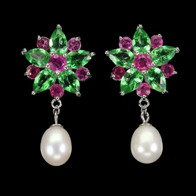 925 Sterling Silver Earrings Pear Green Topaz Mop Natural Gemstone Jewelry - Image 1 of 4