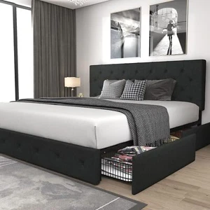 Sifurni Upholstered Bed Frame with 4 Storage Drawers and Headboard, Dark Grey - Picture 1 of 29