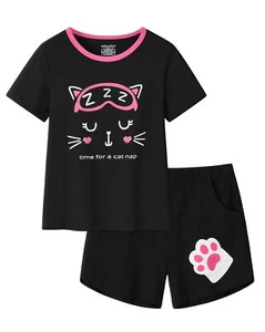 Pajamas for Girls Summer Black Cat Short Sleeve and Short Pants PJS Set Big K... - Picture 1 of 7