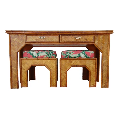 Vintage Palm Beach Woven Rattan & Faux Bamboo Entryway Console w/ Nesting Stools Cover