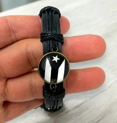 BLACK LEATHER PUERTO RICO METAL FLAG BLACK FLAG CORD ADJ BRACELET - Image 1 of 4