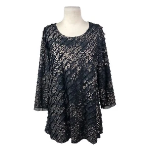 Caroline Rose Black Copper Metallic Textured Ruffle Tunic Floral Print Size LP - Picture 1 of 8