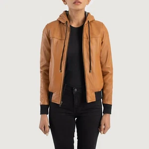 Premium Women's Brown Bomber Hooded Style Sheepskin Leather Motorcycle Jacket - Picture 1 of 4