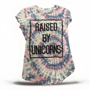 Justice Girls Rainbow Tie Dye Raised By Unicorns Tshirt Girls Size 6 - Picture 1 of 4