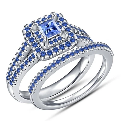 Anillo de compromiso nupcial de zafiro creado en laboratorio corte princesa de 2 quilates de oro blanco de 14 quilates Foto 1 de 3