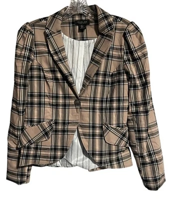 Blazer corto a cuadros para mujer Rachel Zoe talla S beige negro mezcla de rayón oficina Foto 1 de 4