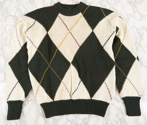 VTG Structure Men M Green Cream Long Sleeve high Neck Cable Knit Heavy Sweater - Picture 1 of 3
