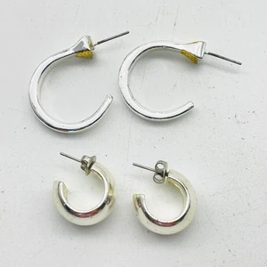 Silver Tone Hoop Earrings Lot of 2 Butterfly Closure Minimalist Classic - Picture 1 of 7