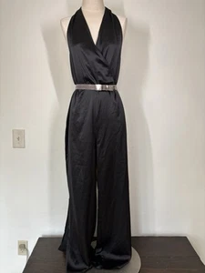 Zara Black Deep V Neck Satin Halter Jumpsuit Romper Wide Leg No Belt Large - Picture 1 of 5