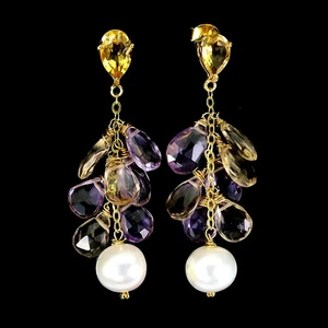 925 Sterling Silver Earrings Briolette Ametrine Citrine Pearl Gemstone Jewelry - Picture 1 of 13