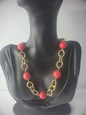 Collar Vintage Liz Claiborne Cuentas Rojas Tono Dorado Cadena Joyería Disfraz Foto 1 de 4