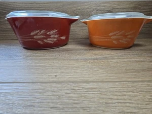 VTG 475-B 474-B PYREX AUTUMN HARVEST Fall Wheat Casserole SET W/ Lids 2.5 & 1.5 - Picture 1 of 11