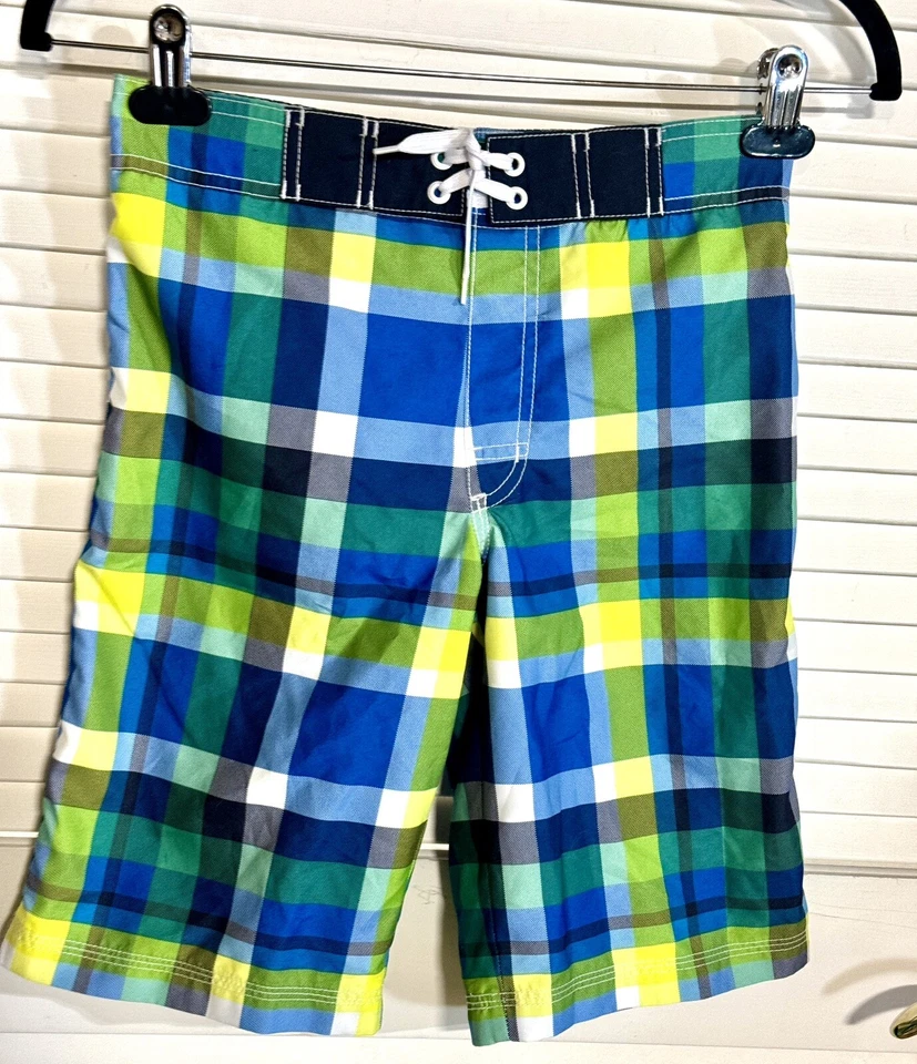 GYMBOREE Swim Blue Green Plaid Trunks Boys 10/12 Large EUC - Image 1 of 4