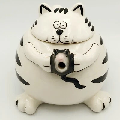 Pier 1 Imports Ceramic Fat Cat Holding Mouse Teapot White Black Striped 1990's - Image 1 of 4
