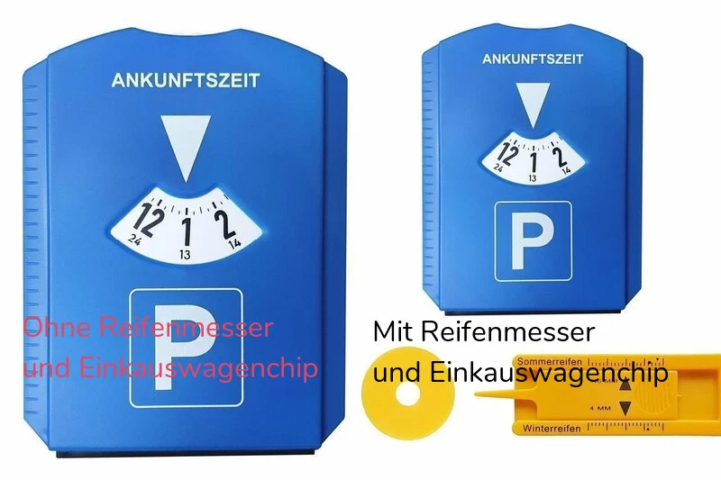 2 Modelle Parkscheibe Eiskratzer Reifenprofilmesser Einkaufswagenchip Gummilippe - Bild 1 von 1