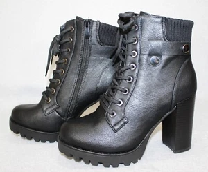 Dreampairs Women Ankle Boots High Chunky Heel Lace Up Side Zipper Black Size 7.5 - Picture 1 of 9