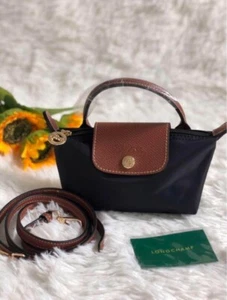 Longchamp Le Pliage Original Handle Pouch BLACK/BROWN with STRAP Outlet NEW - Picture 1 of 6