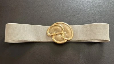 Cinturón Vintage Años 80 Elástico Acento Día-Lor Bronceado Crema Beige Nube Remolino Dorado Foto 1 de 4