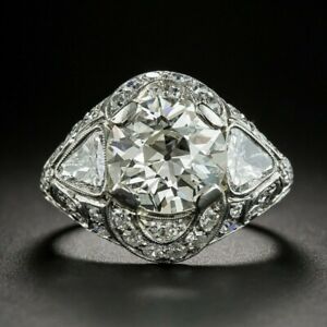 Antique Style Art Deco Ring In 14K White Gold 4.96CT Round Cut & Trillion Ring