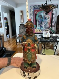 Antique Chinese Temple Figure. Hand Carved & Hand Painted Wood. 16.25” Tall - Picture 1 of 12
