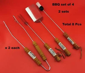 8Pcs 400mm BBQ TOOL SET WOOD HANDLE FORK BRUSH TONGS & TURNER chrome Plated - Picture 1 of 11