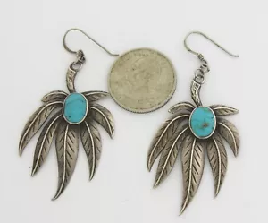 Native American Sterling Silver Turquoise Leaf Dangle Earrings - Picture 1 of 4