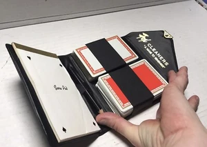Vintage 2 Deck Playing Card Set With Score Pad Pencil Snap Case Fox Cleaners - Picture 1 of 4