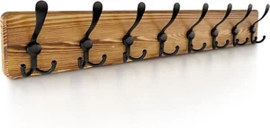 Brown Wood Coat Rack Wall Mount 8 Tri Metal Hooks for Hanging Rustic Hat Hanger - Picture 1 of 7