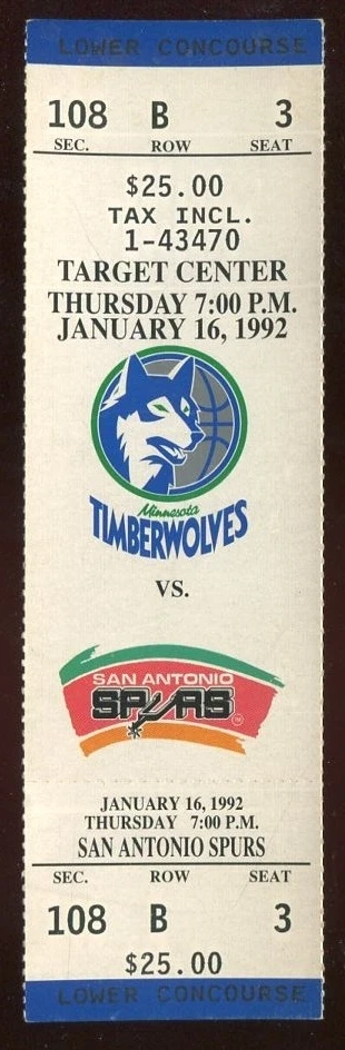 Ticket Basketball Minnesota Timberwolves 1991 - 92 1/16 San Antonio Spurs - Image 1 of 1