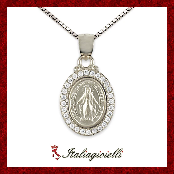 Collana Medaglia Madonna Miracolosa Brillante in Argento 925 Rodiato Oro Bianco - Immagine 1 di 4