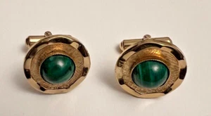 Vintage Pair Of Gold Tone Metal Malachite Cabochon Cufflinks - Picture 1 of 6