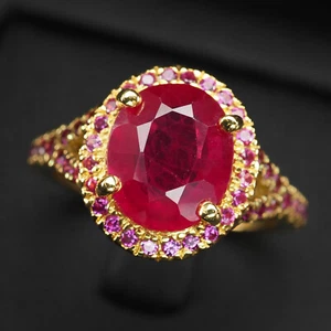 Alluring Blood Red Ruby 3.50Ct 925 Sterling Silver 24K Gold Vermeil Rings Size 7 - Picture 1 of 8