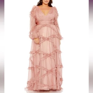 Mac Duggal Pink V Neck Ruffle Tiered Puff Sleeve Gown 68425 Women’s Sz 18W - Picture 1 of 10