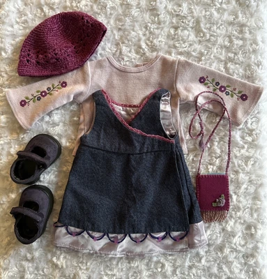 American Girl Doll Denim Jumper Dress Shoes Outfit Berry Nice Accessories - Image 1 of 4