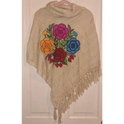 Handmade Rainbow Embroidered Rose Size Small Poncho Boho Festival Cottagecore - Image 1 of 3