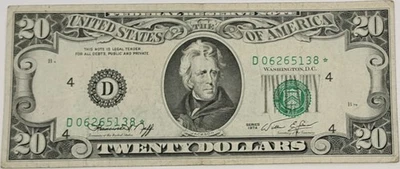 1974 $20 US Federal Reserve ⭐ STAR NOTE⭐ SN# D06265138⭐ ⭐MISALIGNED NOTE⭐ - Image 1 of 4