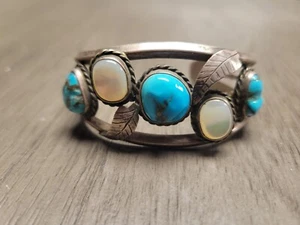 Navajo Türkis & Perlmutt Sterlingsilber Old Pawn Armreif Armband - Bild 1 von 20