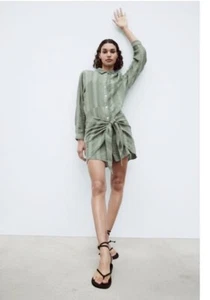 ZARA the Zoe Dress in moss green long sleeves vacay faux wrap dress size M NEW - Picture 1 of 8