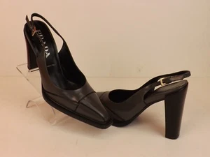 NEW PRADA PR4523 GREY LEATHER SLINGBACK ELONGATED TOE CLASSIC PUMPS SANDALS 36.5 - Picture 1 of 12