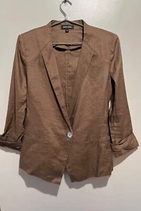 Paperwhite Women's Linen Brown Blazer Lightweight Pleated Cuffs Pearl Buttons 8 - Picture 1 of 7