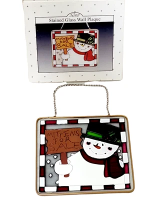 Scott's Stained Glass Wall Plaque Suncatcher 5 X 5 Snowman Mittens For Sale - Image 1 of 4