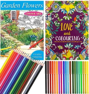 2 X ADULT COLOURING BOOK BOOKS SET LOVE FLOWERS + 18 PENCILS + 16 FELT PENS - Picture 1 of 8