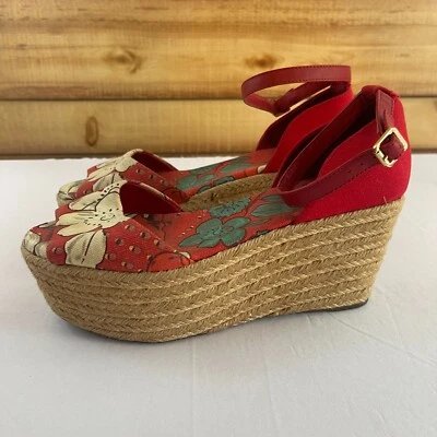 Tory Burch Sherri 9 M Leather Espadrille Wedge Platform Heel Peep Toe Red Floral - Image 1 of 4
