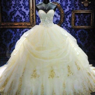 Strapless Wedding Dresses Lace Applique Beaded Glitter  Sweep Train Bridal Gowns - Image 1 of 4