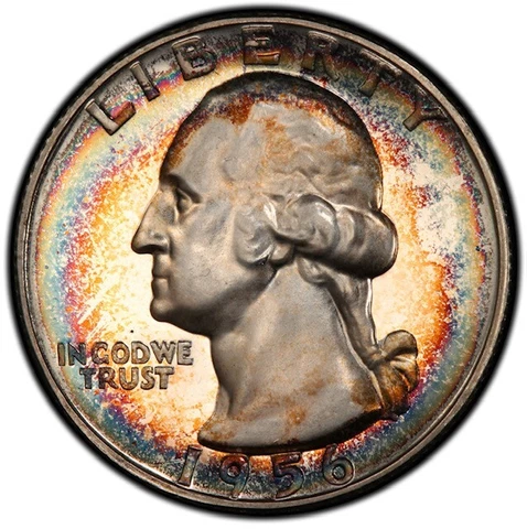 PR67 1956 25C Washington Silver Proof Quarter, PCGS Secure- Rainbow Toned Cover